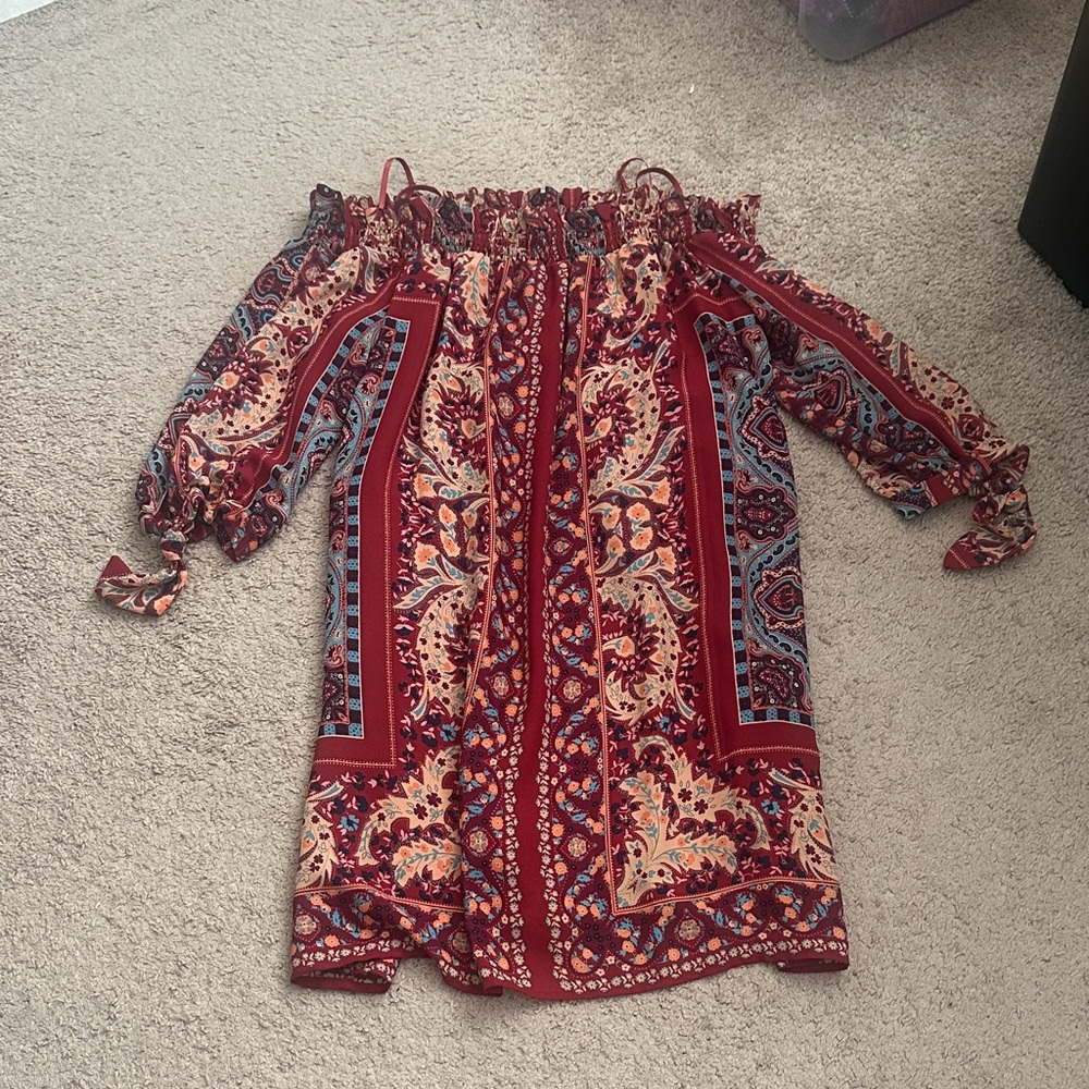 City Triangles Off The Shoulder Flowy Bohemian Mini Dress Fully Lined